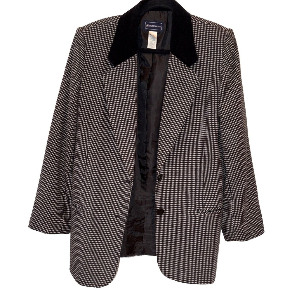 Vintage Requirements Black / White Checkered Wool Blend Velvet Collar Blazer 12